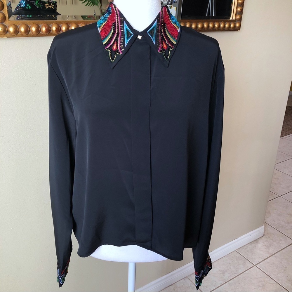 Karen Scott Black Bejeweled Embellished Button Up Long Sleeve Blouse Size 16